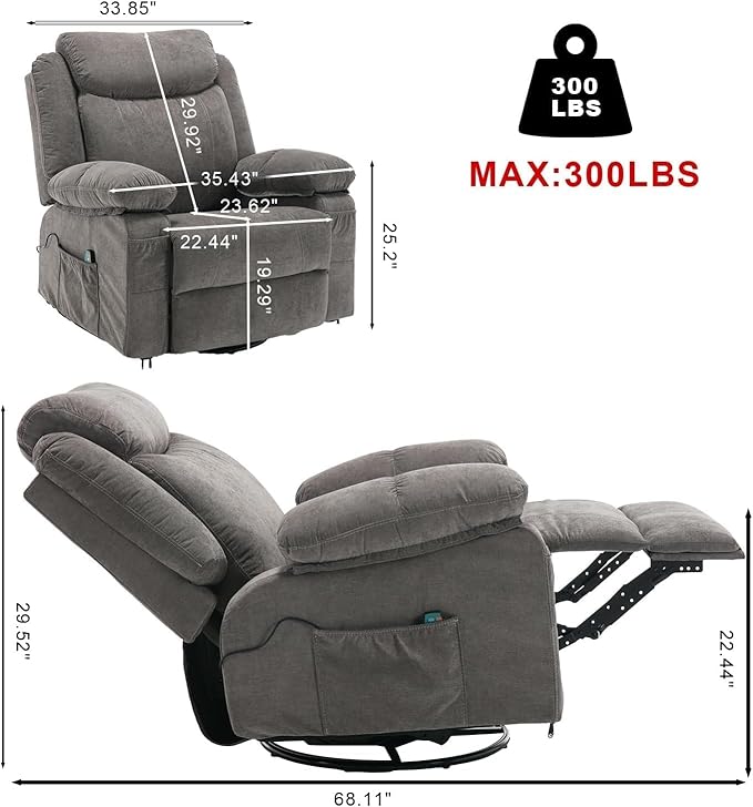 Swivel Rocker Recliner Chair with Massage and Heat Overstuffed Nursery Recliners Oversized Fabric Single Sofa Manual Reclining Home Theater Lounge Chairs for Living Room Adults Grey