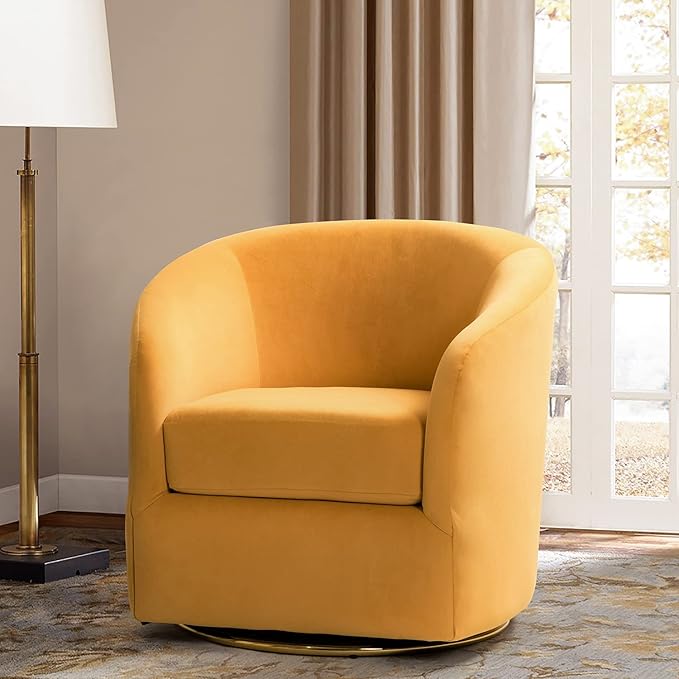HULALA HOME Swivel Accent Chair with Gold Metal Base Contemporary Velvet Curved Swivel Barrel Chair Upholstered Club Armchair Leisure Single Sofa for Living Room Nursery Bedroom(Mustard)