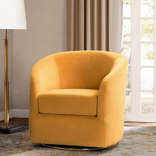HULALA HOME Swivel Accent Chair with Gold Metal Base Contemporary Velvet Curved Swivel Barrel Chair Upholstered Club Armchair Leisure Single Sofa for Living Room Nursery Bedroom(Mustard)