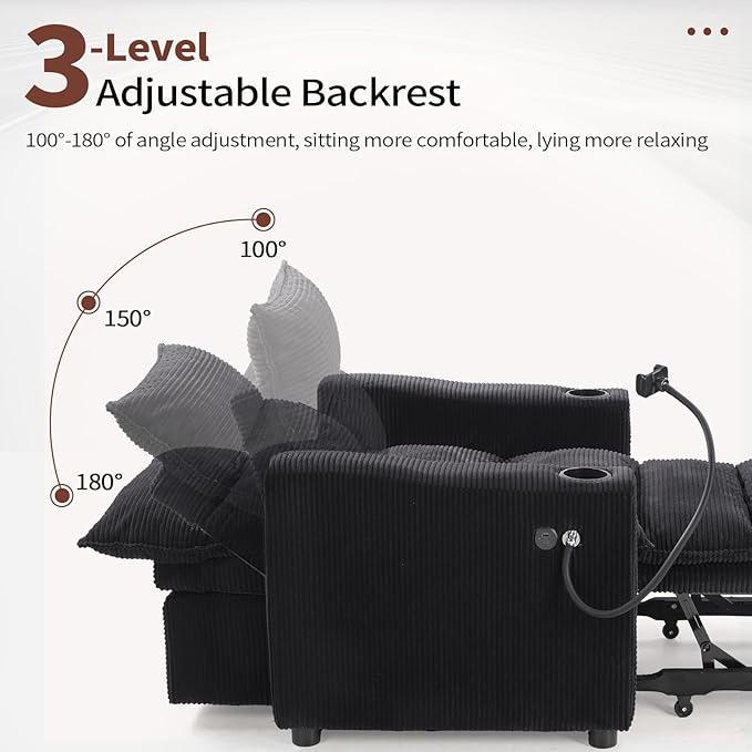 Corduroy Sleeper Sofa Bed with 2 Cup Holders 3-in-1 Convertible Pullout Futon Couch with Phone Holder&ampUSB Charge Port Single Chair with 3-Level Adjustable Backrest for Living Room