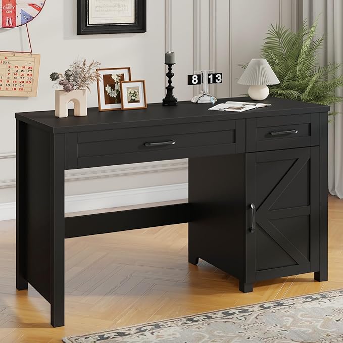 Farmhouse 47 Executive Desk Computer Desk with Drawers and Storage Cabinet Workstation Computer Desk for Home Office Study.Pure Black