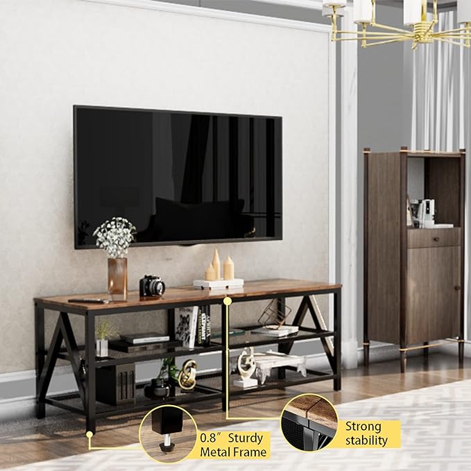 TV Stand for TVs up to 65 Inch 55 Long Industrial TV Console Table with 3-Tier Storage Shelves Entertainment Center for Living Room Bedroom (Brown)