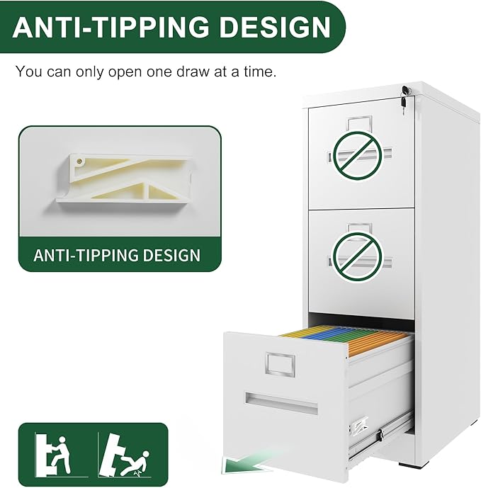 3 Drawer File Cabinet with Lock Small Vertical Filing Cabinets Under Desk Storage Organizer for Home Office Legal Letter A4 SizeWhite