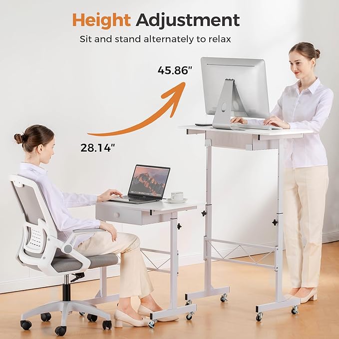 COMHOMA Small Standing Desk Adjustable Height Small Computer Desk Mobile Portable Rolling Laptop Table with Wheels 32 Computer Workstation Sit Stand Desks Portable Standing Table Treadmill desks