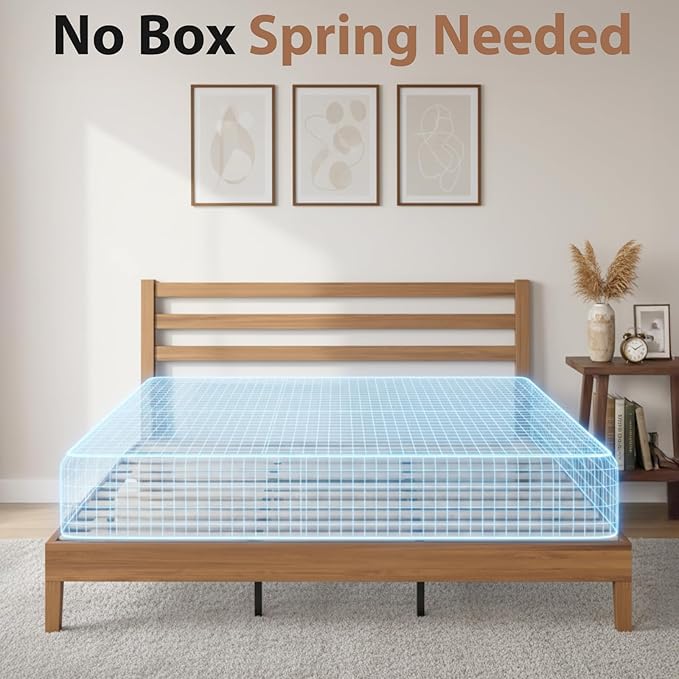 Sweetcrispy Solid Wood Bed Frame - King Size Mattress Foundation with Headboard No Box Spring Needed with 1100LBS Sturdy Wooden Slats Support Noise Free Easy Assembly