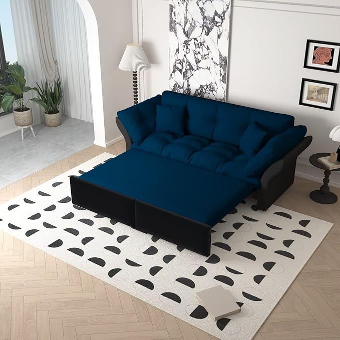 3-in-1 Folding Convertible Sleeper Tufted Couch with 2 Soft Pillows 74.8 Queen Pull Out Sofa Bed Multi-Functional Velvet Loveseat Bed Blue