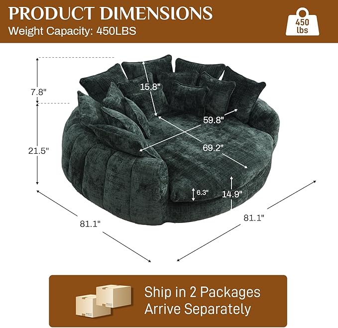 81 Round Sofa Bed Big Bean Bag Round Chaise Lounge Oversized Round Couch Boneless Reading Chair Plush Fluffy Chenille Large Chaise Chair for Living Room Bedroom Apartment Green