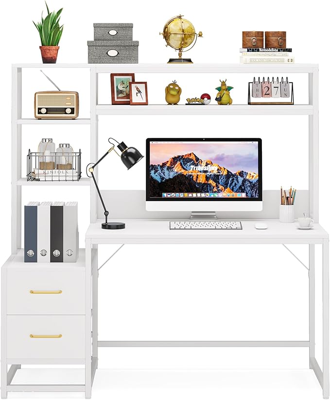 LITTLE TREE Computer Desk with Drawers and Hutch Rustic Office Desk with Storage Shelves for Home Office