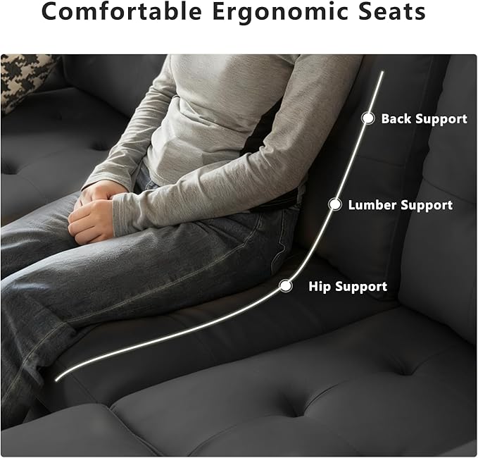 Wimarsbon 106” U-Shaped Couch with Double Chaise Modern Upholstered 4-Seat Sectional Sofa Set for Living Room Bedroom Apartment Easy to Assemble (Black-Faux Leather)