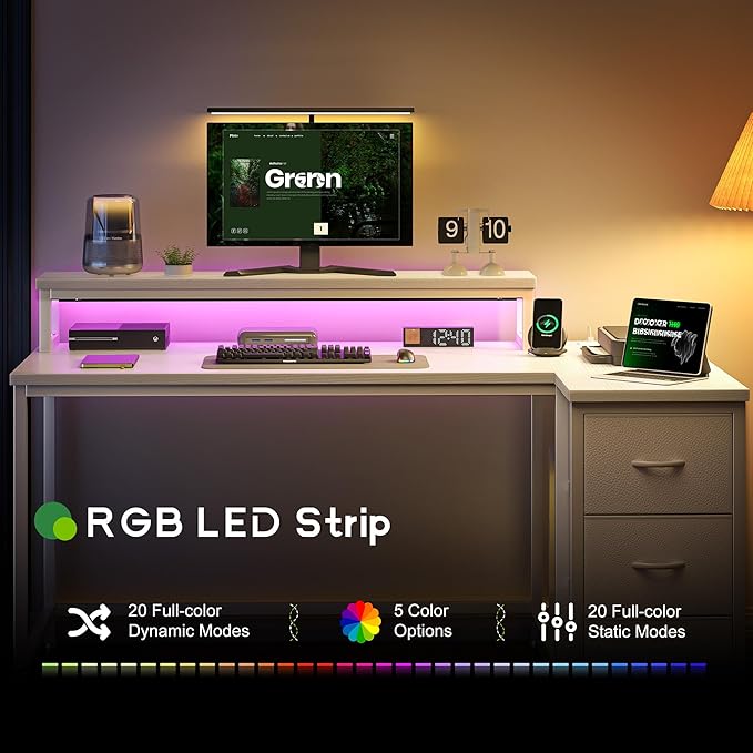 EnHomee L Shaped Gaming Desk with 3 Drawers &amp Power Outlet 40Inch White Computer Desk with LED Lights Reversible Office Desk with Monitor Stand for GamingStudy RoomHome OfficeBedroomWhite