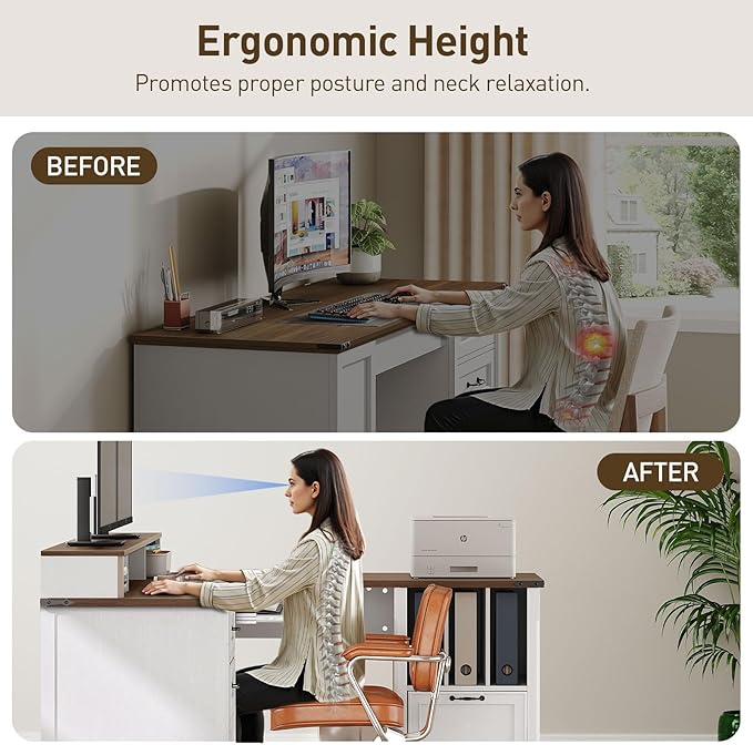 Farmhouse 69 Executive L Shaped Desk with Drawer Home Office Desk with Charging Station Corner Computer Desk with Monitor Stand File Drawer Storage Cabinet White and Walnut