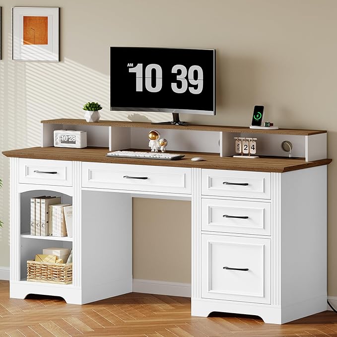 58 Executive Desk Farmhouse Computer Desk with Drawers Wooden Office Desk with File Cabinet Charging Station Monitor Stand for Work and Study White and Walnut CDBZ10E01
