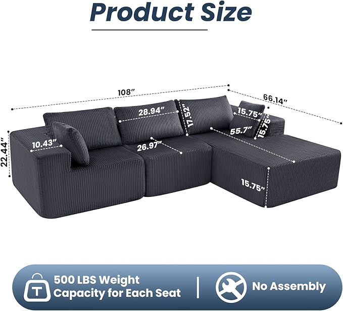 DUMOS 108 Boneless Couch Cloud Sectional Couch with L-Shape Chaise Modular Sectional Sofa with Deep Seat Fluffy Couch for Living Room Bedroom No Assembly Required (Grey Right Facing Chaise)