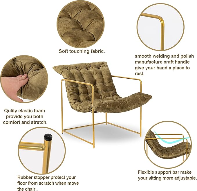 GIA Mid Century Modern Sling Accent Chair for Living Room Bedroom and Office Set of 1 Upholstered in Green Velvet Fabric with Gold Metal Base