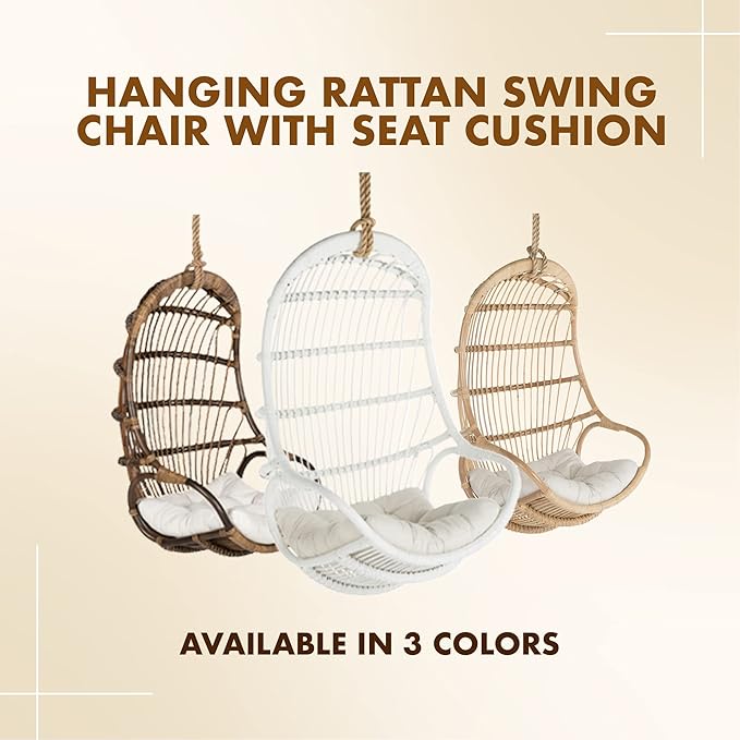 KOUBOO Hanging Rattan Swing Chair with Seat Cushion Handwoven Natural Rattan Chair Coastal Home Decor Furniture for Bedroom Living Room &amp Sun Room White