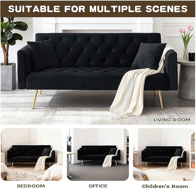 71Convertible Futon Sofa Bed - Modern Velvet Sleeper Couch with Adjustable Backrest Tufted Recliner with Golden Chrome Legs &amp 2 Pillows Perfect for Small Spaces Living Room &amp Apartment (Bl