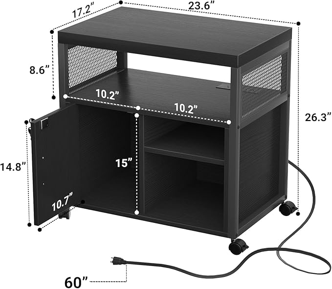 Unikito Lateral File Cabinet Locking Office Printer Stand with Sockets and USB Charging Ports Modern Rolling Printer Desk with Storage for A4 Letter Size and File Folders Black