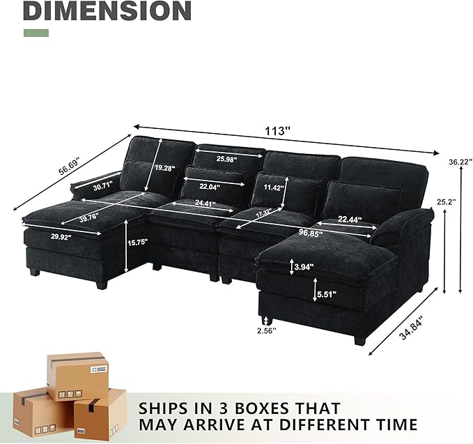 112 Modular Sectional Sofa U Shaped Comfy Cloud Couch with Double Chaise and Padded Armrests Modern Deep Seat Sectional Couches for Living Room Apartment Office Black