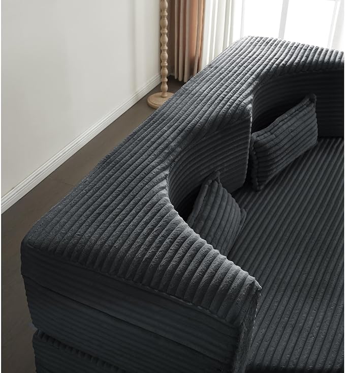 2 in 1 Convertible Folding Sofa Bed Plush Corduroy Lazy Lounge Sofabed Foam Folding Floor Sofa Bed 78 Full Size Memory Foam Couch for Living Room Guestroom No Assembly Sofabed (Dark Grey)