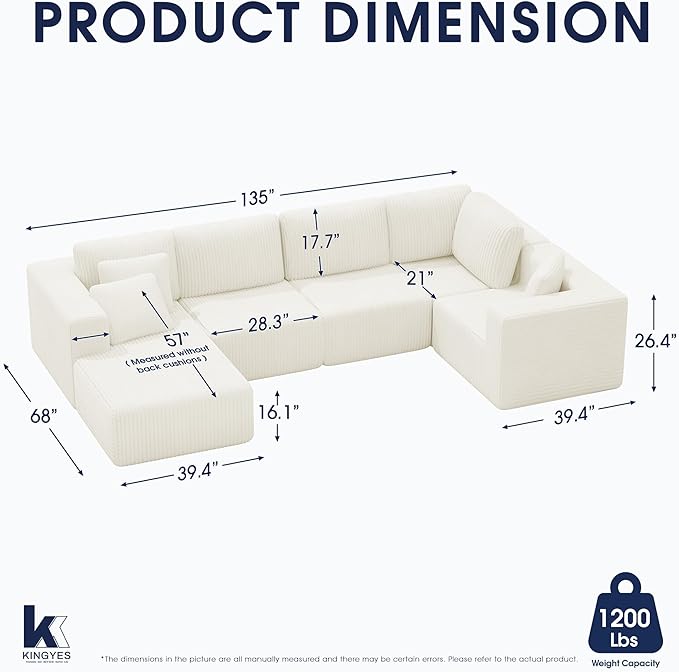 KINGYES 135'' Modular Sectional U Shaped Sofa Upholstered Corduroy Boneless Couch Cloud Couch for Living Room Beige
