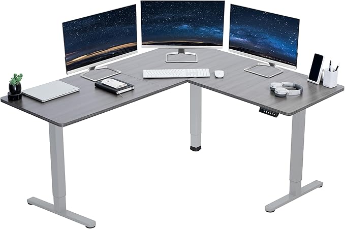 VIVO Corner Standing Desk 63 x 55 inch Reversible L-Shaped Workstation Electric Height Adjustment Home Office and Reception Rooms Dark Gray Table Top Gray Frame DESK-E3CTGG