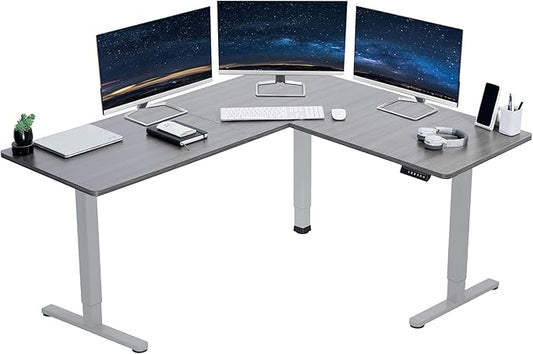 VIVO Corner Standing Desk 63 x 55 inch Reversible L-Shaped Workstation Electric Height Adjustment Home Office and Reception Rooms Dark Gray Table Top Gray Frame DESK-E3CTGG