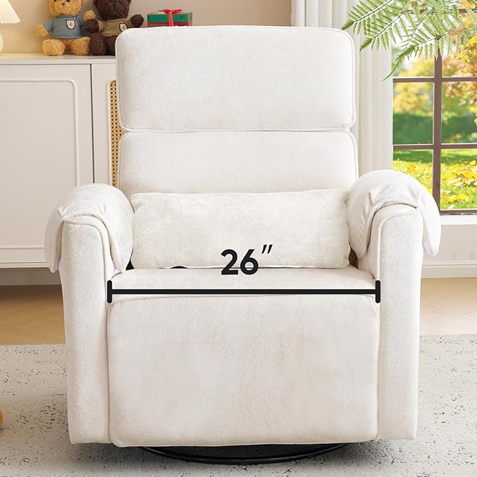 26 Extra Wide Swivel Rocker Recliner Oversized Power Recliner Chair with Adjustable Headrest Chenille Glider Rocking Nursery Chair with USB Ports Overstuffed Armrest Cream