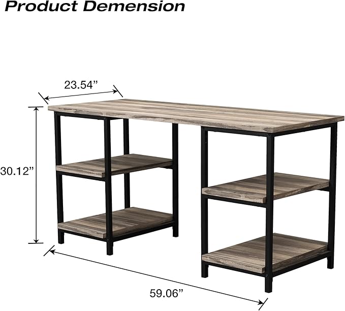 59 Inches Computer Desk Trestle Desk with Both Side 2-Tier Shelves Modern Simple Style Study Work Game Desk Workstation Home Office Table Rustic Wood Desk
