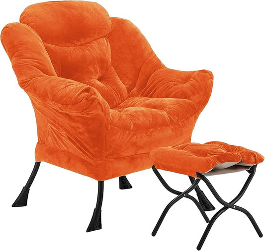 Lazy Chair with Folding Ottoman Accent Chair Plush Upholstered with Metal Structure and Non-Slip Pads Sofa Armchair with Footrest and Side Storage Bag for Dorm Room Office Orange