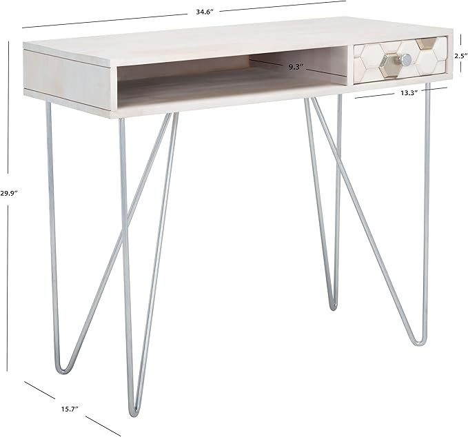 SAFAVIEH Home Office Collection Raveena White Wash and Silver 1-Drawer Hairpin Leg Desk