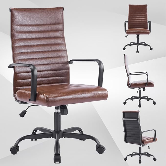 Office Chair Ergonomic Executive Conference Room Chairs Ribbed Leather Desk Chair with Lumbar Support Adjustable Height Mid-Back Swivel Chair with Padded Seat