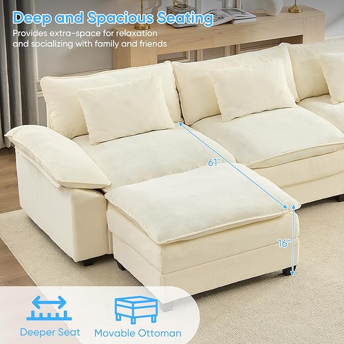Mjkone 118” U Shape Sectional Couch with Movable Ottoman Oversized Modular Comfy Cloud Sofa with Double Layer Cushion 5 Seater Deeper Seat Couches for Living Room/Home Office/Apartment-Beige
