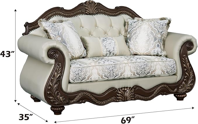 Acme Pierce Fabric Upholstered Armrest Loveseat with 3 Pillows in Beige &amp Cherry