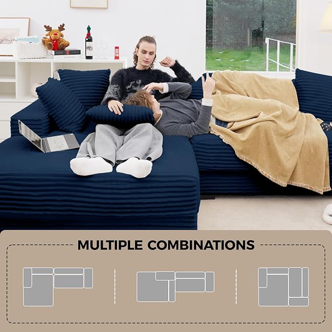 111'' Modular Sectional Cloud Couches with Chaise L Shaped Large Sleeper Couch Fluffy Corduroy with 8pcs Pillows for Living Room(Blue Left Facing Chaise)