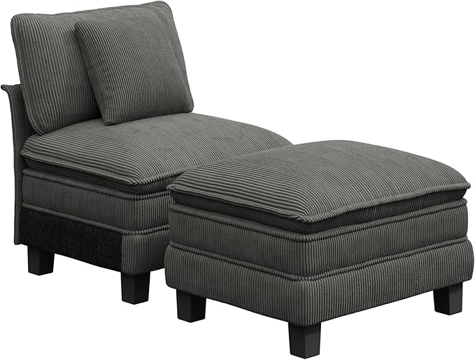 PHI VILLA Indoor Lounge Sofa Chair One-Person Oversized Sectional Sofa with Ottoman Single Chaise with Upholstered Deep Seat for Bedroom Reading Corduroy Fabric Grey