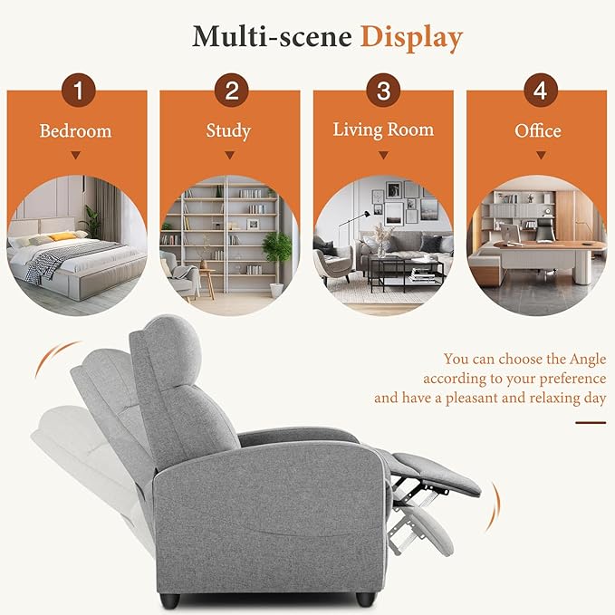 Sweetcrispy Recliner Chair Fabric Recliner Sofa No Massage Home Theater Seating with Lumbar Support Adjustable Push Back Overstuffed High-Density Sponge Reclining for Living Room Slate Gray