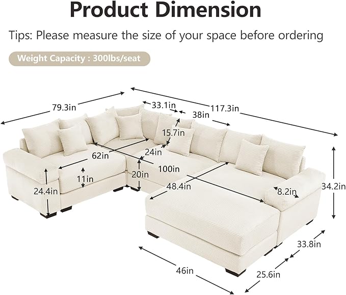 117 Corduroy Sectional Couches for Living Room Beige Comfortable Oversized Sectional Sofa Set with Deep Seat Large 3 Seater Corner Couch with 1 Ottoman Sofas para Sala L Shaped Couch Set
