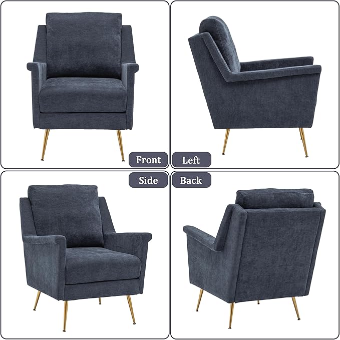 Accent Chair Set of 2 Mid Century Modern Living Room Chairs with Gold Metal Legs Navy Wingback Arm Chairs for Bedroom Performance Fabric