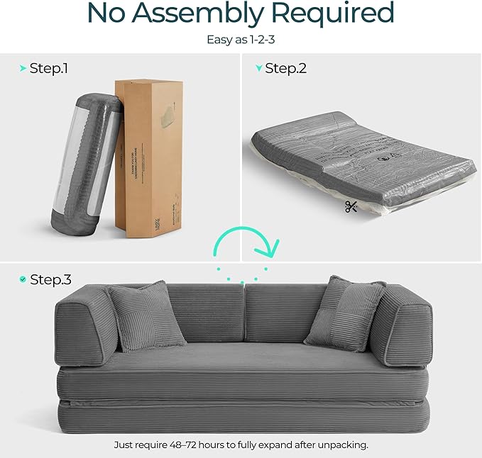 LINSY HOME Sofa Bed Couch - Convertible Boneless Couch Bed with 2 Pillow (Grey) | Folding Sofa Bed Corduroy Material No Assembly Compressed Sofa Couch in a Box