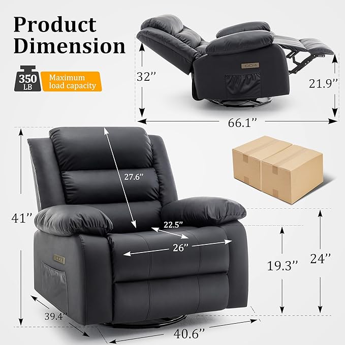Power Recliner Chair Electric Rocker Recliner with Massage and Heat 270° Swivel Glider Oversized Wide Seat with USB Port Cashmere Nursery Chair for Living Room Black