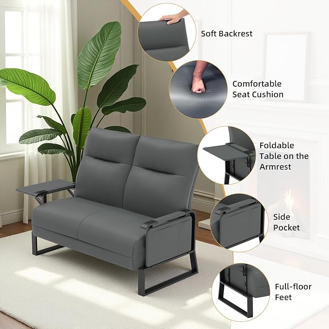 Faux Leather Loveseat Couch for Living Room Bedroom Office Small Sofa 2 Seater Couch with Flip Up Tray Table Side Pockets Leather Loveseats Gray