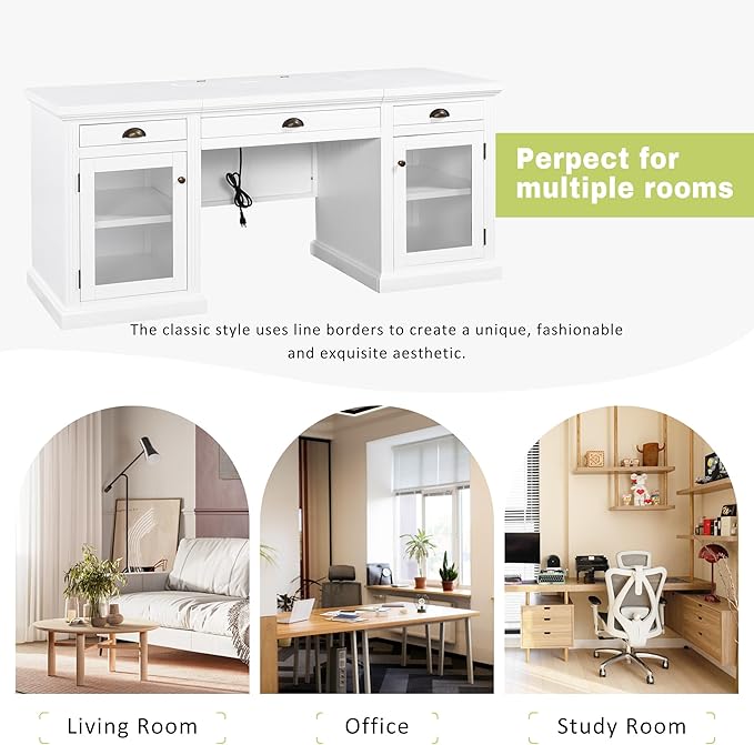 67 Modern White Executive Desk Computer Desk with 2 Glass-Door Cabinets &amp 3 Drawers White Home Office Desk Writing Table with USB Ports Study Workstation for Living Room (White+Glasses)