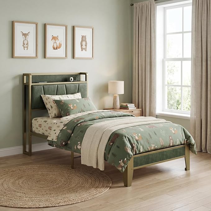 LIKIMIO Twin XL Bed Frame Storage Headboard with Charging Station Solid and Stable Noise Free No Box Spring Needed Easy Assembly (Dark Green)