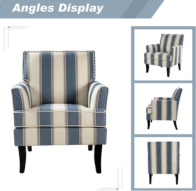 HULALA HOME Modern Accent Chair with Arms and Wooden Legs Mid Century Accent Chair Armchair High Back Rest Padded Armrest and Comfortable Cushioned Seat for Living Room (Stripe Blue)