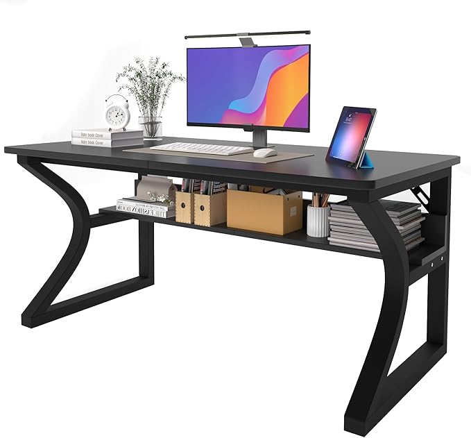 AZN Computer Desk 55'' Computer Desk Home Office Desks w/Storage Home Office Desks w/U-Size Metal Frame for Home Office Bedroom Study Writing Work Table w/Water-Resistant Scratchproof Surface
