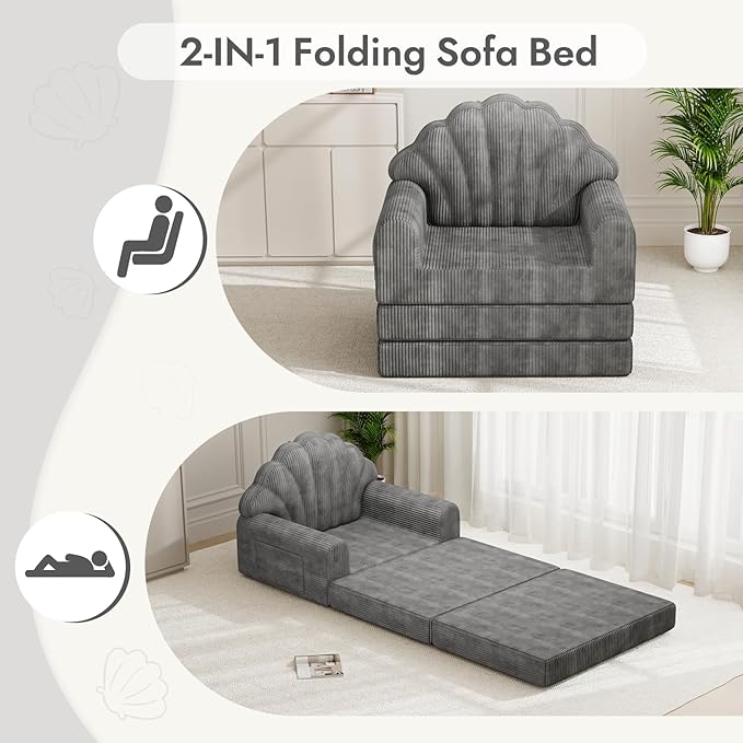 Folding Sofa Bed with Back Support 2-in-1 Convertible Futon Sleeper Chair for Adult 75 D x 34 W Fold Out Bean Bag Floor Foam Lounger Couch for Living Room Bedroom Small Space Grey