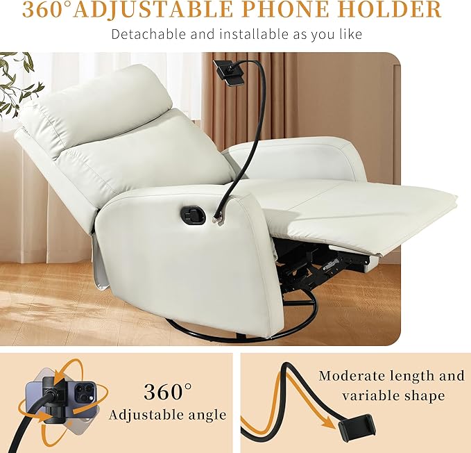 Swivel Rocker Recliner Chair for Nursery Upholstered 360° Leather-air Glider Rocking Chair with Phone Holder Manual Small Recliners for Small Spaces Living Room