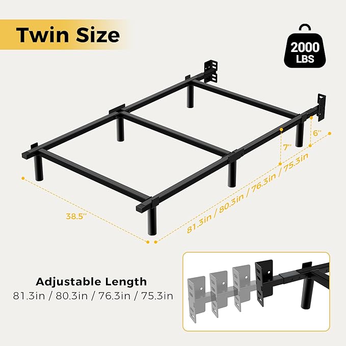 Twin Bed Frame 7 Inch Basics Metal Bed Frame Heavy Duty 9-Leg Base for Box Spring and Mattress Noise-Free Easy Assembly Black