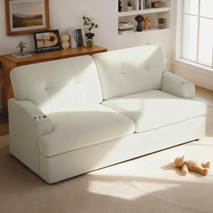 65.5 Chenille Modern Sofa with Cup Holder Tufted Upholstered Couch with Thickened Cushions Comfy 3 Seater Sofa with Deeper Seat for Living Room ApartmentBeige