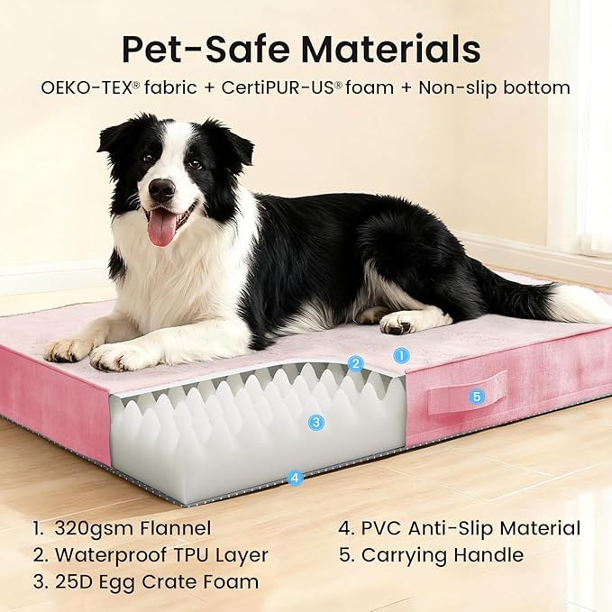 OhGeni Orthopedic Waterproof Dog Bed for Medium Large Dogs Machine-Washable Removable Cover in Easy-Clean Fabric High Density Foam &amp Easy-Carry Handle Suitable for Crate 35 inch (Pink)
